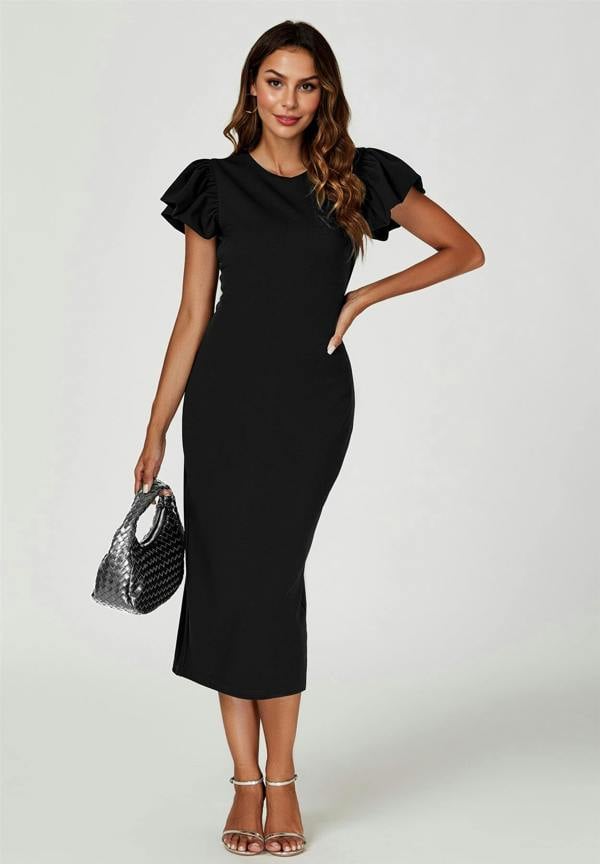 FS Collection Volume Sleeve Bodycon Midi Dress In Black