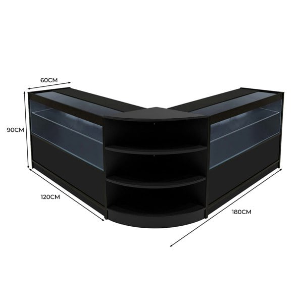 Black Andromeda LED shop counter set featuring sleek curved design, glass display shelves, and modern LED lighting, dimensions 60x120x180 cm