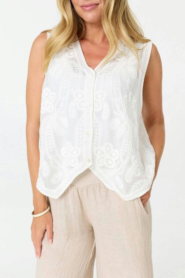 White | Embroidered Sleeveless Waistcoat Top