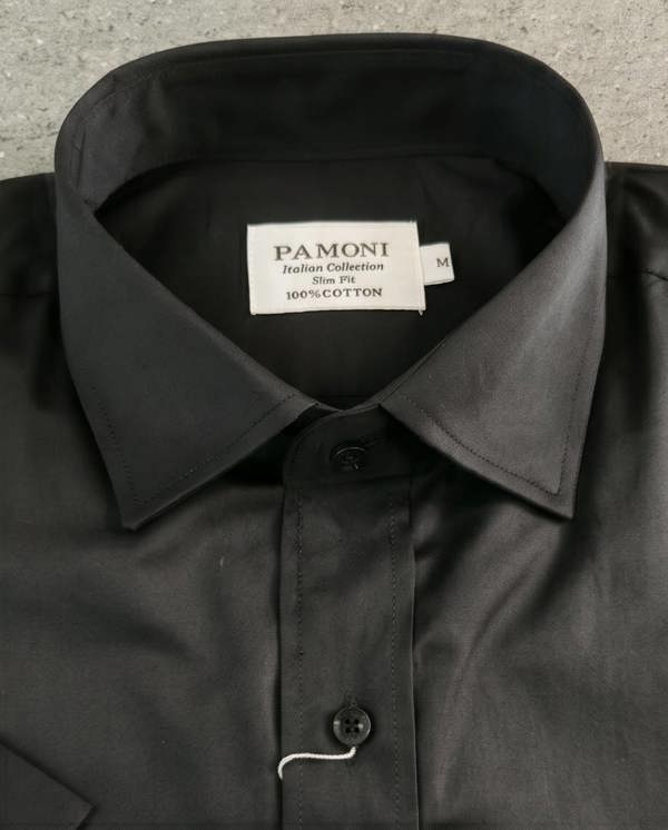 Pamoni Sophisticated Black Cotton Short-Sleeve Dress Shirt