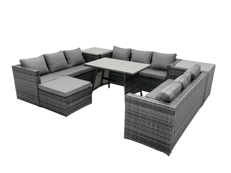 Fimous 10 Seater U Shape Rattan Sofa Set Outdoor Garden Furniture Patio Dining Table Dark Grey Mixed