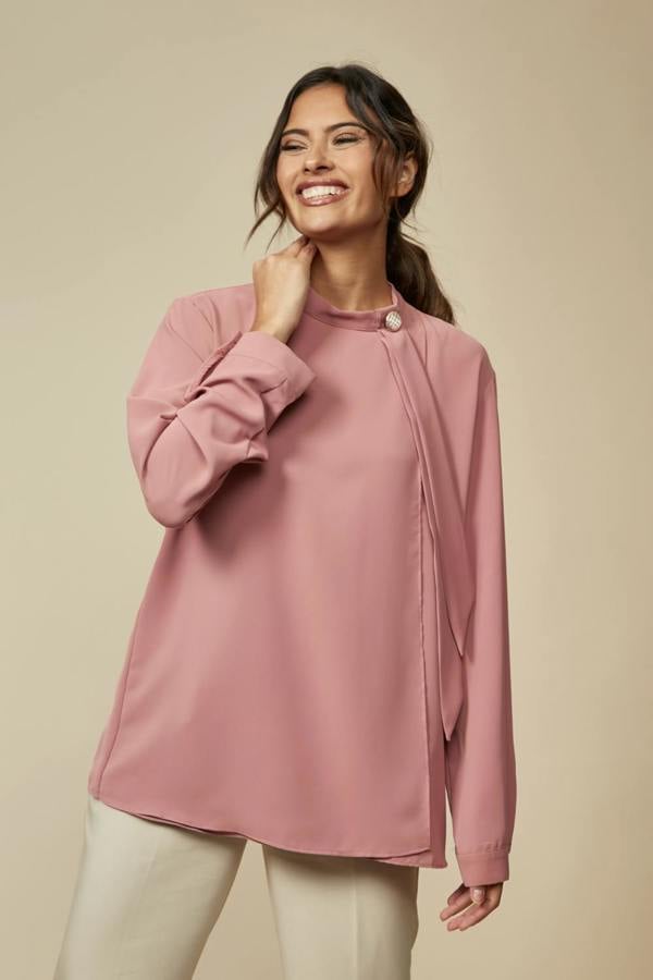 Hoxton Gal Relaxed Fit High Neck Top with Brooch Details in Pink