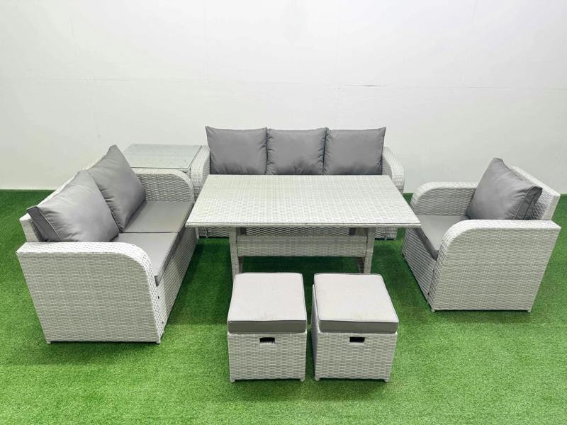 Fimous 8 Seater PE Wicker Rattan Garden Furniture Patio Set, Dining Table, Reclining Chair, Loveseat, 3 Seater Sofa, Stool, Side Table, Light Grey