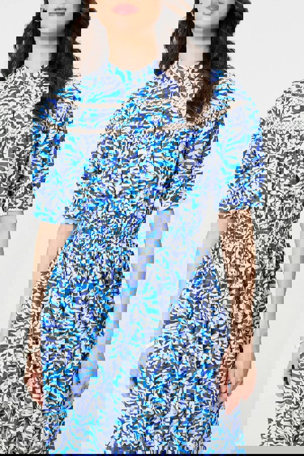 Blue | Leaf Print 1/2 Sleeve Midi Shirt Dress
