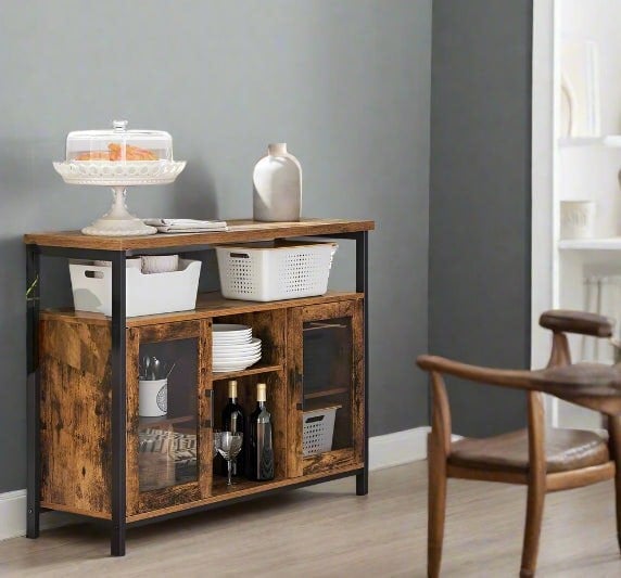 Modcraft Rustic Sideboard Buffet Table with Glass Doors – Storage Cabinet with Adjustable Shelves