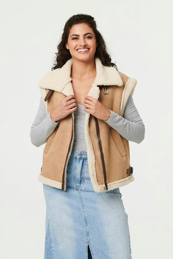 Beige | Faux Suede Fur Lined Sleeveless Gilet
