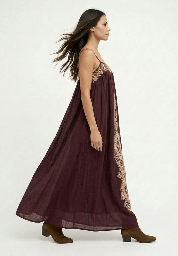 Raffya Sapphire Spaghetti Strap Embroidered Maxi Dress In Aubergine