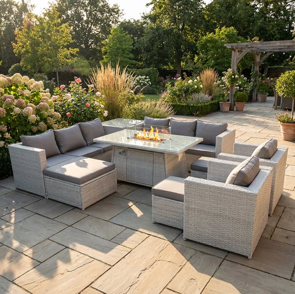 Fimous 11 Seater Rattan Outdoor Garden Furniture Set with Fire Pit Dining Table, 2 Sofas, 2 Chairs, 3 Footstools & Side Table - Light Grey