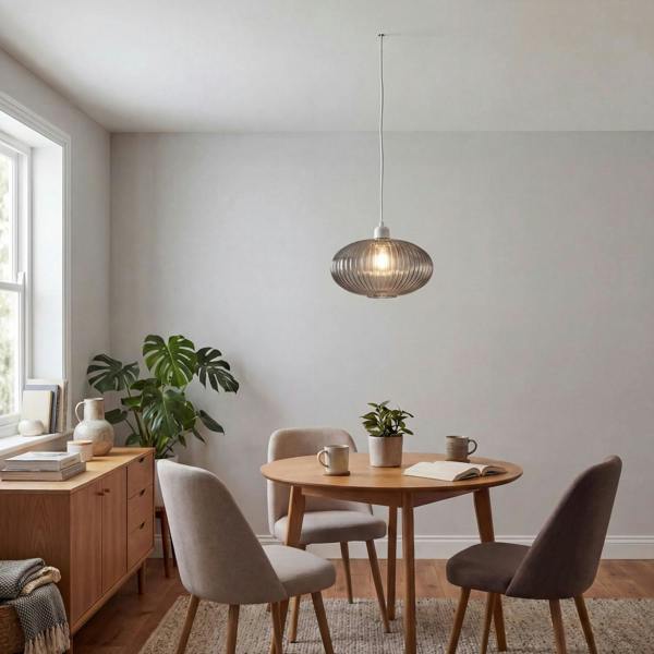 Modern Designer Smoked Grey Line Ribbed Glass Oval Pendant Lamp Shade Image 6