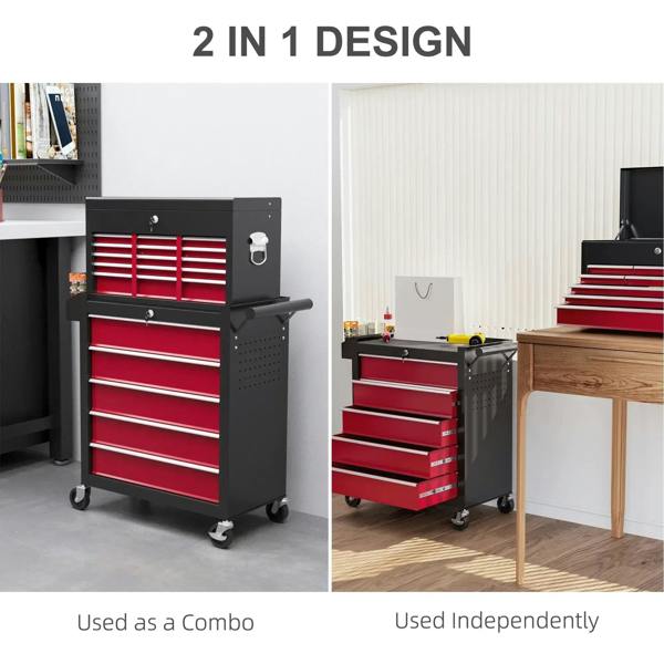 Two-in-one tool storage chest set, red drawer fronts, wheeled units