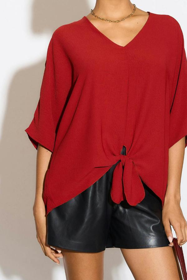 Hoxton Gal Oversized V Neck Tie Detailed Blouse with 3/4 Sleeves in Burgundy