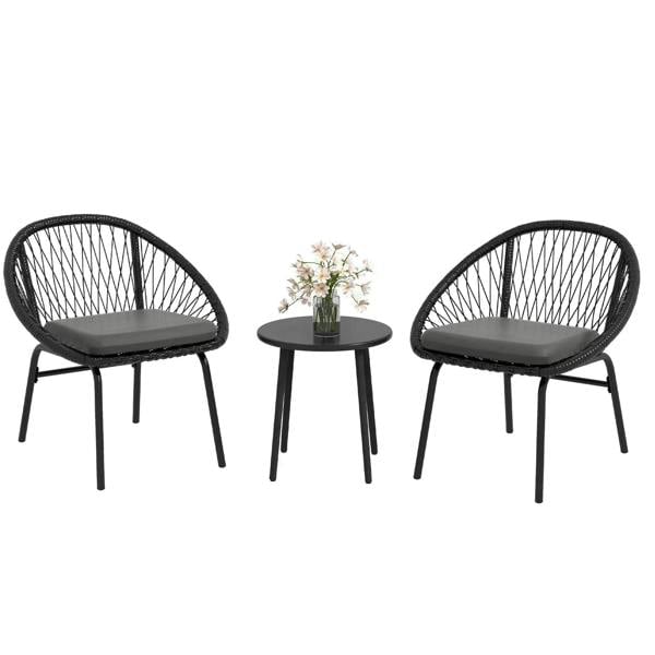 Black rattan bistro set with two armchairs and round side table