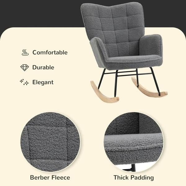 Dark grey Berber fleece rocking chair with comfort, durable, and elegant feature icons