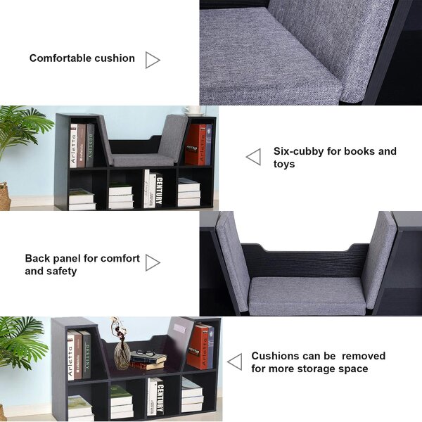 Wyld Haus Yofilo Wood And Fabric Black Cube Bookcase With Built In Reading Seat