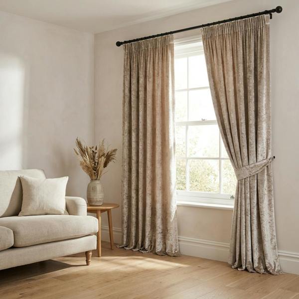 Luxe made-to-measure curtains in Chalk, styled in a living room