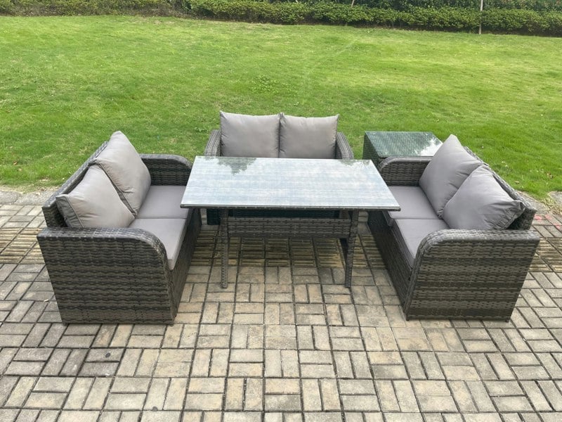 Fimous Wicker PE Rattan Sofa Outdoor Garden Furniture Set with Rectangular Dining Table Side Table Dark Grey Mixed