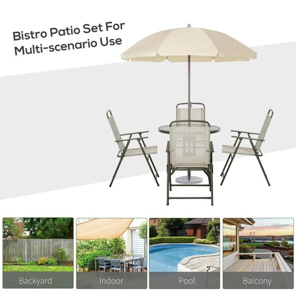 Bistro patio set with round table, beige parasol, and four folding chairs