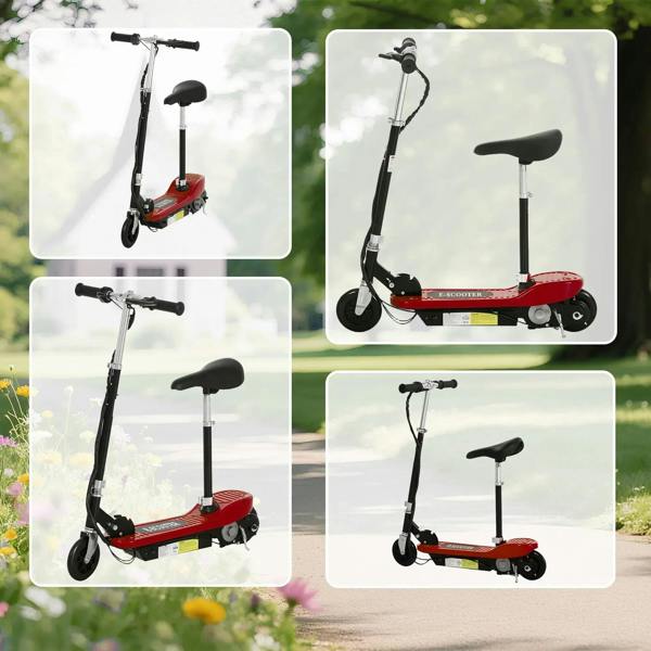 Red electric ride-on scooter shown from multiple angles with black seat and handlebars.