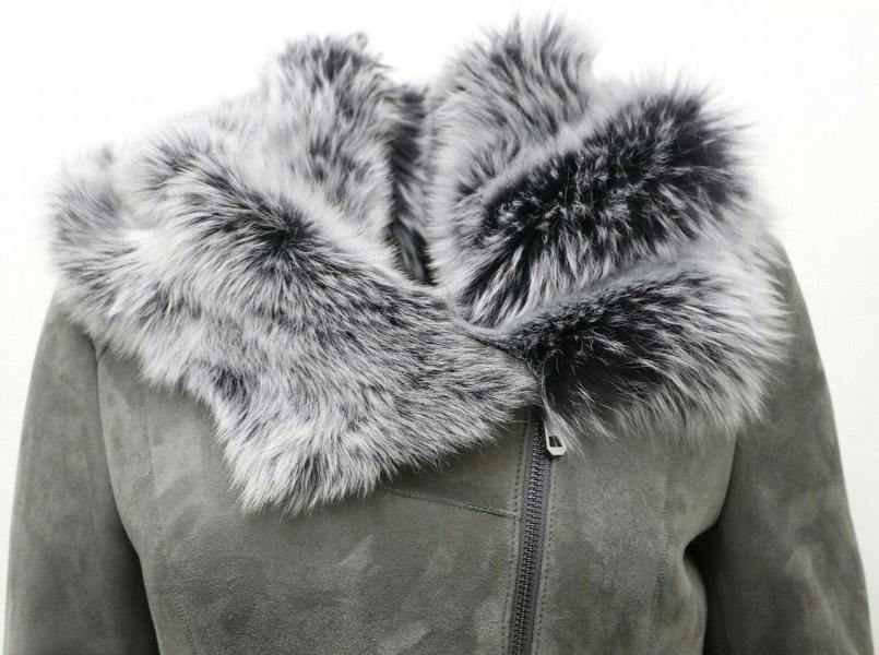 Infinity Leather Womens Grey Suede Hooded Merino Sheepskin Coat-Monrovia
