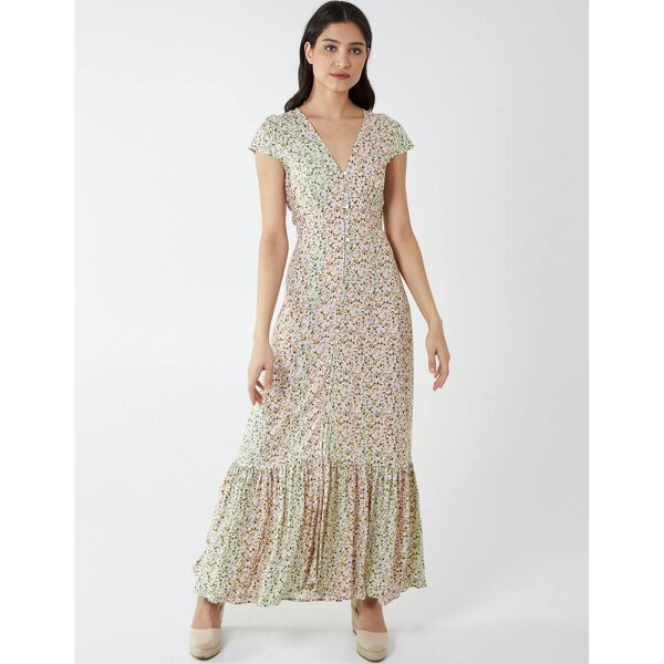 Blue Vanilla Ditsy Print Cap Sleeves Button Front Midi Dress
