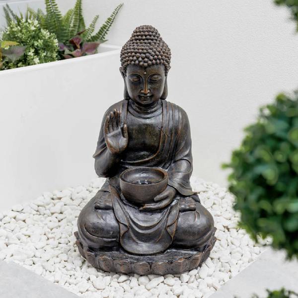 Gardenwize Solar Powered Meditating Buddha with Bowl Water Feature, LED Light & Battery Backup