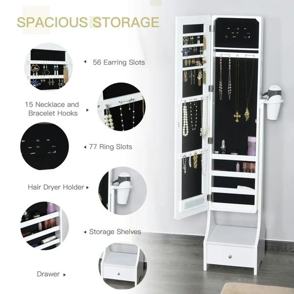 White jewelry cabinet mirror with open earring and ring storage, drawer, and hairdryer holder