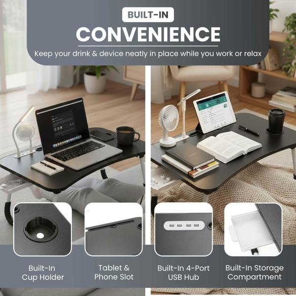 LKH HOME COLLECTION LKH Foldable Laptop Table-USB Hub,Fan LED Light&Side Drawer-60×40×28 cm Portable Bed Tray-Drink Holder, for Bed, Sofa