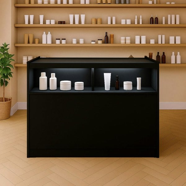 Sleek black LED retail shop counter B1200 with illuminated display shelves, perfect for showcasing products in a modern setting