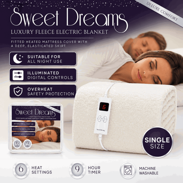Sweet Dreams Luxury Fleece Electric Blanket Single Size, Machine Washable Underblanket, Digital Control, Overheat Protection