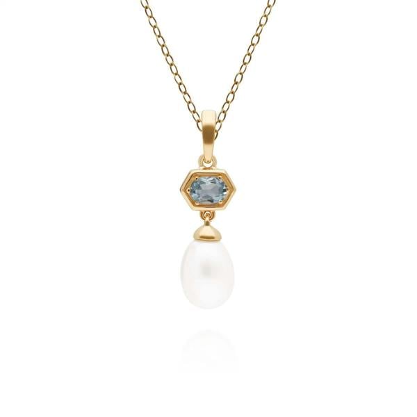 270P030204925 Modern Pearl & Aquamarine Hexagon Drop Pendant in Gold Plated Silver 1