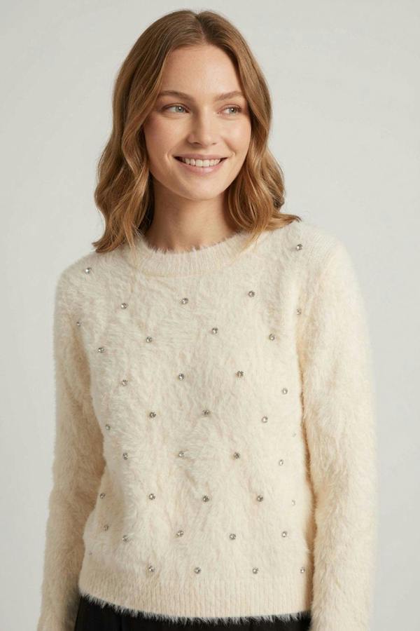 Cream | Pearl Embellished Soft Texture Jumper