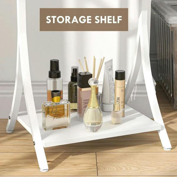 White full-length standing mirror with built-in storage shelf and organizer tray