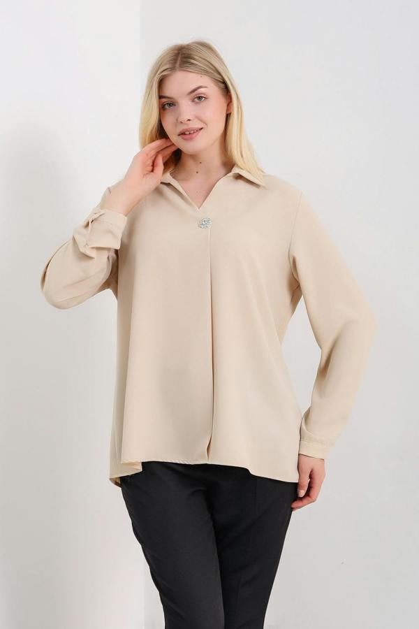 Hoxton Gal Oversized Long Sleeves Blouse with Brooch Details in Beige