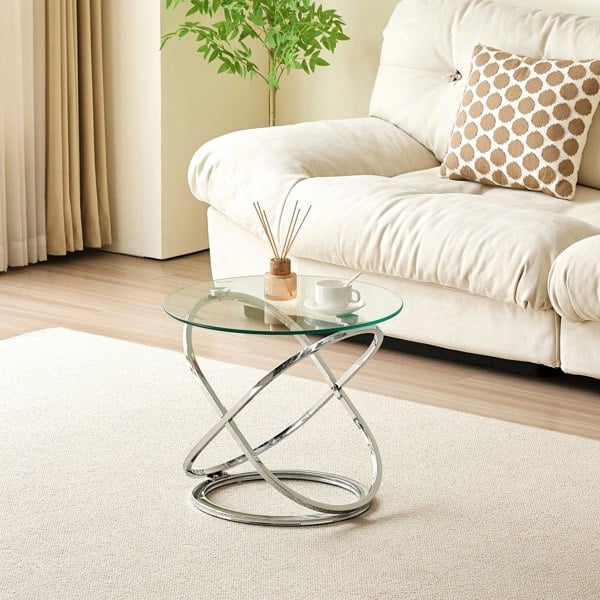 Comfy Living Round Tempered Glass Lamp Side Table, Chrome Effect, Gold or Silver Living Room