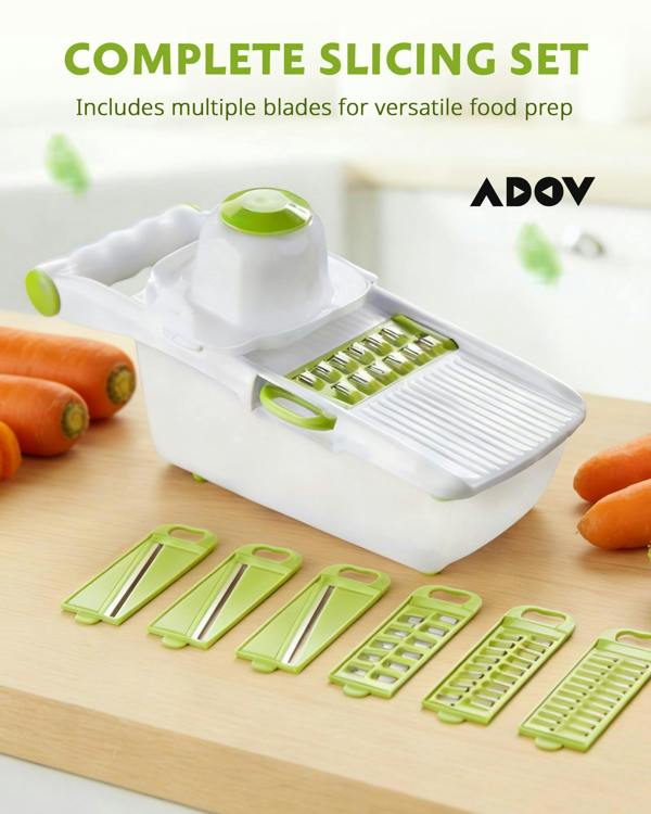 ADOV All in 1 Mandoline Slicer, Fruit and Vegetable Cutter with 8 Stainless Steel Blades, Food Container and Hand Guard