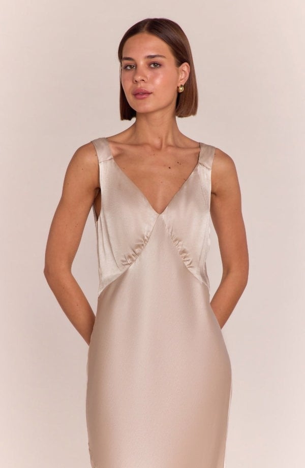 Rewritten London Amelia Dress in Champagne Satin
