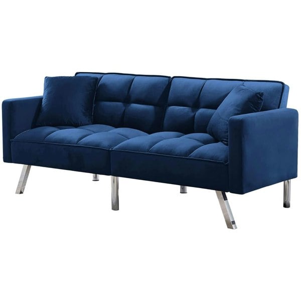 Kosy Koala Sofa Bed 2 Seater Blue Velvet Click Clack Sofa Settee Recliner Couch with Metal Legs 2 Pillows