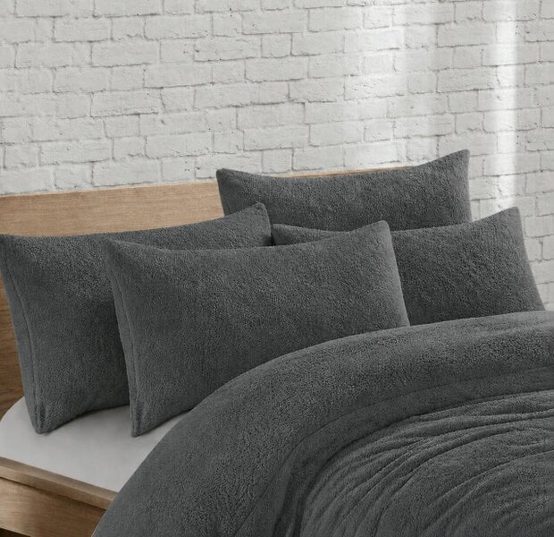 Night Zone Teddy Bear Fleece Pillowcases Pair – Soft Warm Plush Pillow Covers - Charcoal