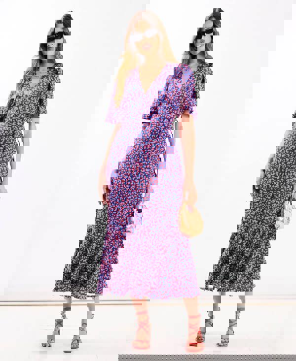 Pink Animal Wrap Midi Dress