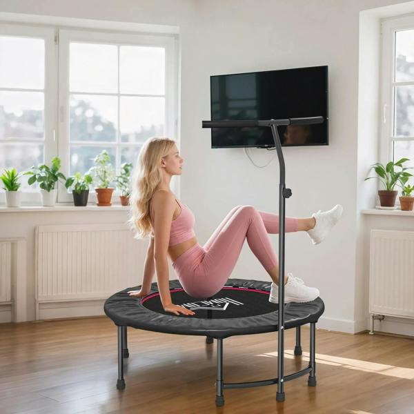 Black trampoline with stable frame and padded jumping surface for low-impact workouts