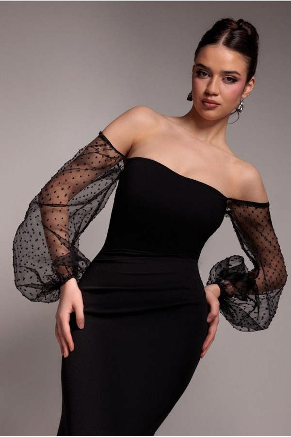 Dobby Organza Bishop Sleeve Multiway Maxi Dress - Black DR5011