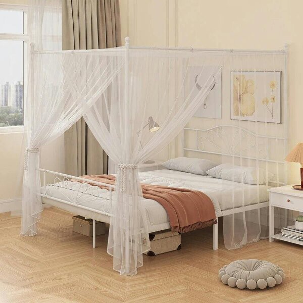 Canopy Bed Frame King Size, Metal Platform Bed Frame with Headboard and Footboard, Underbed Storage, White - White