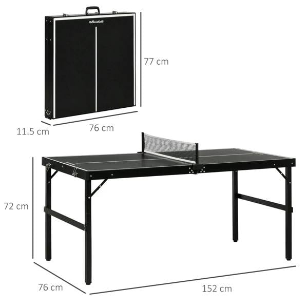 Black mini ping pong table with net, size diagram, and carry case
