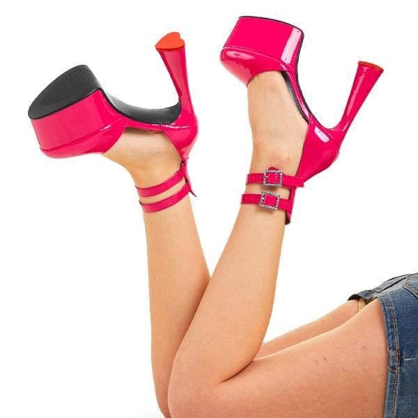 Lamoda Platform Heels Shine On Round Toe Heart Heels Straps Fuchsia, Chic