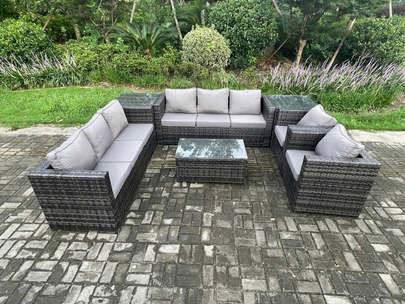 Fimous Wicker PE Rattan Sofa Set Outdoor Patio Garden Furniture with 2 Armchairs Oblong Coffee Table 2 Side Tables Dark Grey Mixed