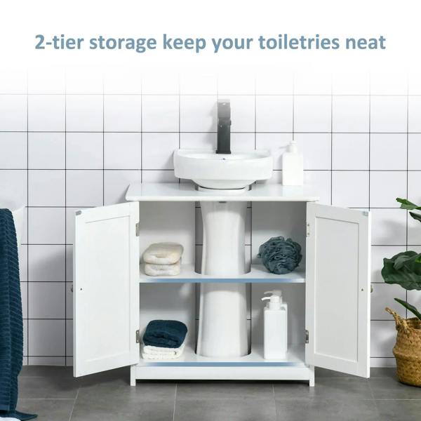 White under-sink cabinet with two doors and open storage featuring two-tier shelves