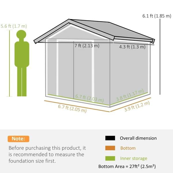 Light green metal garden shed with gable roof and walls, shown with dimensions