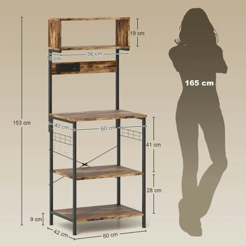 Bobobiy Bakers Rack with Power Outlet, Microwave Stand with Adjustable Shelves, 5 Hooks for Small Spaces, Rustic Brown