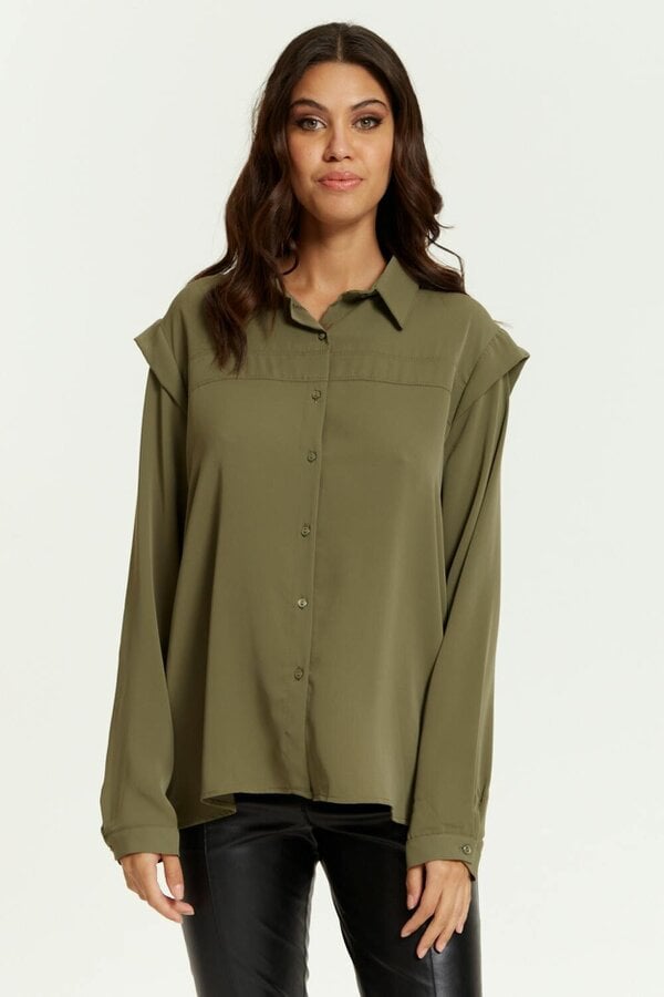 Hoxton Gal Relaxed Fit Shoulder Detailed Long Sleeves Shirt in Khaki
