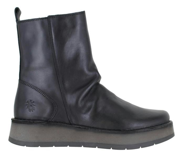 Fly London RENO Womens Side Zip Chelsea Dealer Mid Ankle Boots, black leather ankle boots with side zip and chunky sole.